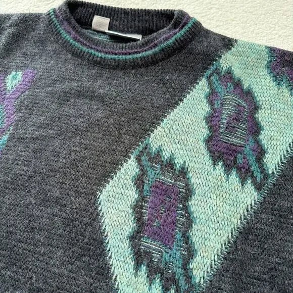 Vintage Cambio Italia Geometric Wool Crewneck Sweater Made In Italy L XL 80s 90s - Picture 2 of 6